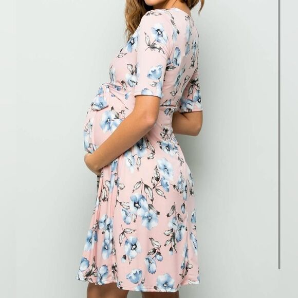 Pink Floral Maternity Nursing Wrap Dress Baby Shower Size Large - Picture 2 of 7